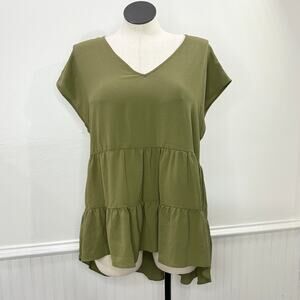 Cato Size XL Crepe Top Olive Green Tiered Tunic Dolman Sleeve Hi Low V Neck NEW